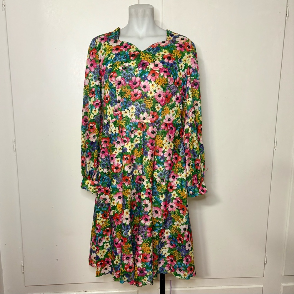 Vintage 60s/70s Handmade Groovy Floral Print Long Sleeve Knee Length Dress
